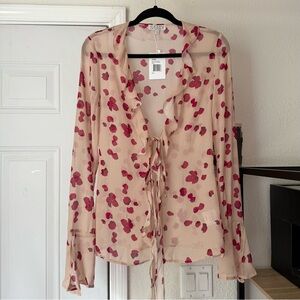 NWT SAEMDI nude red tan rose floral‎ print ruffle tie front bell sleeve blouse